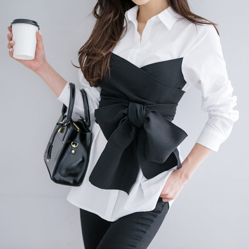 White Dress Shirt with Black Bodice Accent and Bow (Multiple Colors)