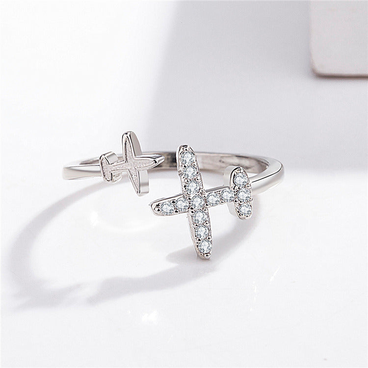 Womens Adjustable Rhinestone Plane Ring (Silver)