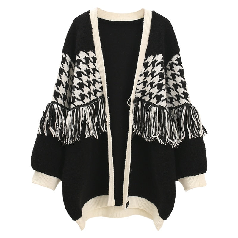 Women's Herringbone Detail V-Neck Fringed Cardigan (Multiple Colors)