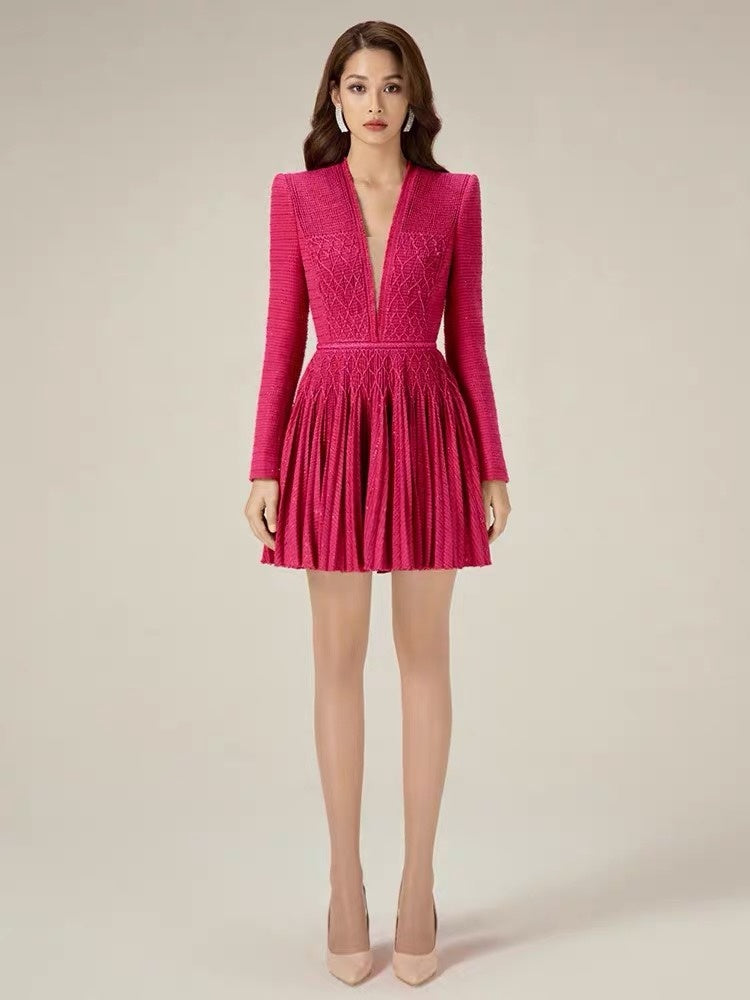 Special Design Long Sleeve Hand-knitted Rope Pleated V-neck Dress (Multiple Colors)