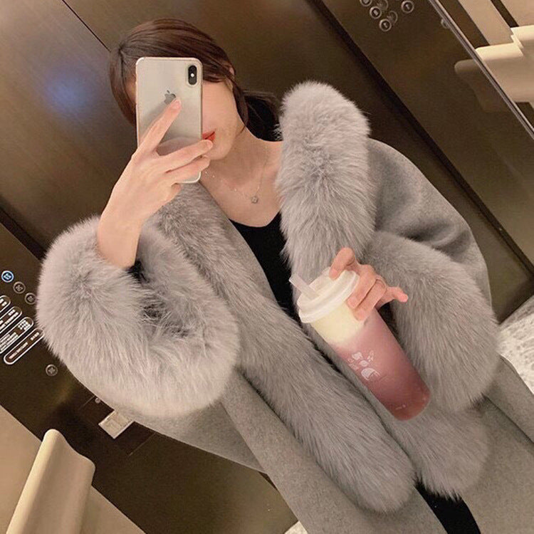 Luxury Women's Double Sided Medium Long Overcoat w/ Fox Fur (Multiple Colors)