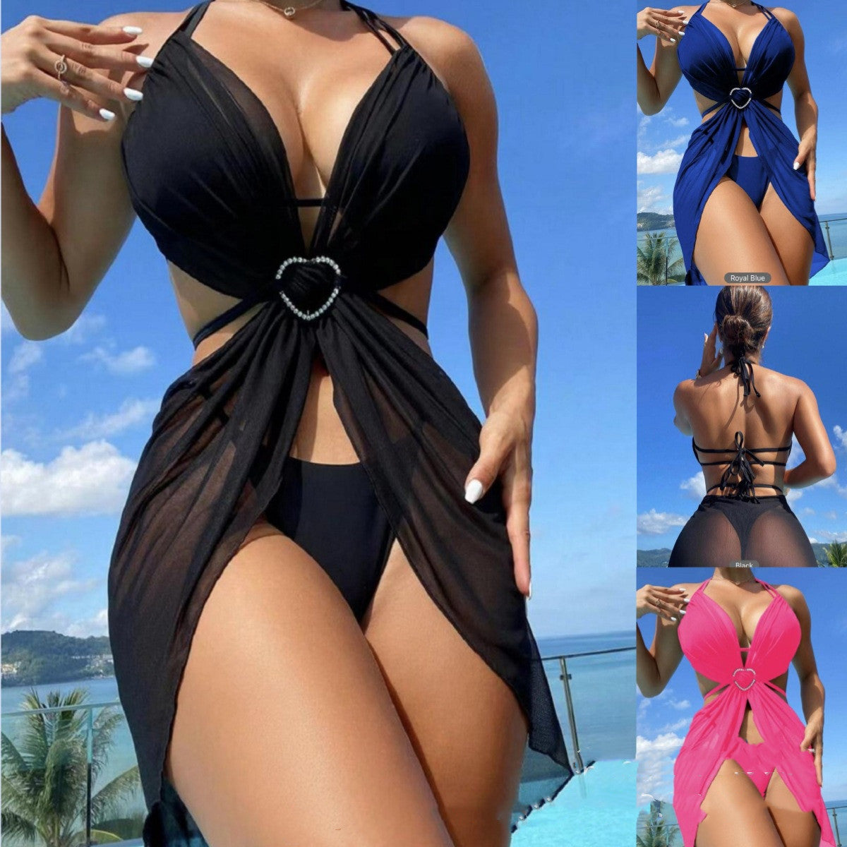 3pcs Halter Neck Bikini Beach Summer Solid Color Split Swimsuit Womens Clothing w/ Rhinestone Heart Clasp (Multiple Colors)