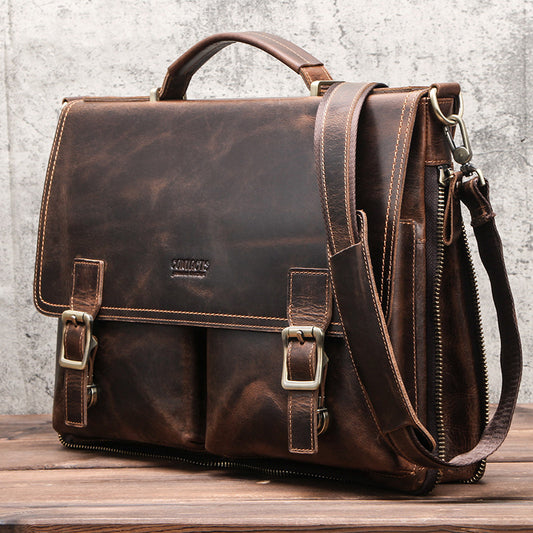 Distressed Genuine Leather Expandable Travel Briefcase (Brown)