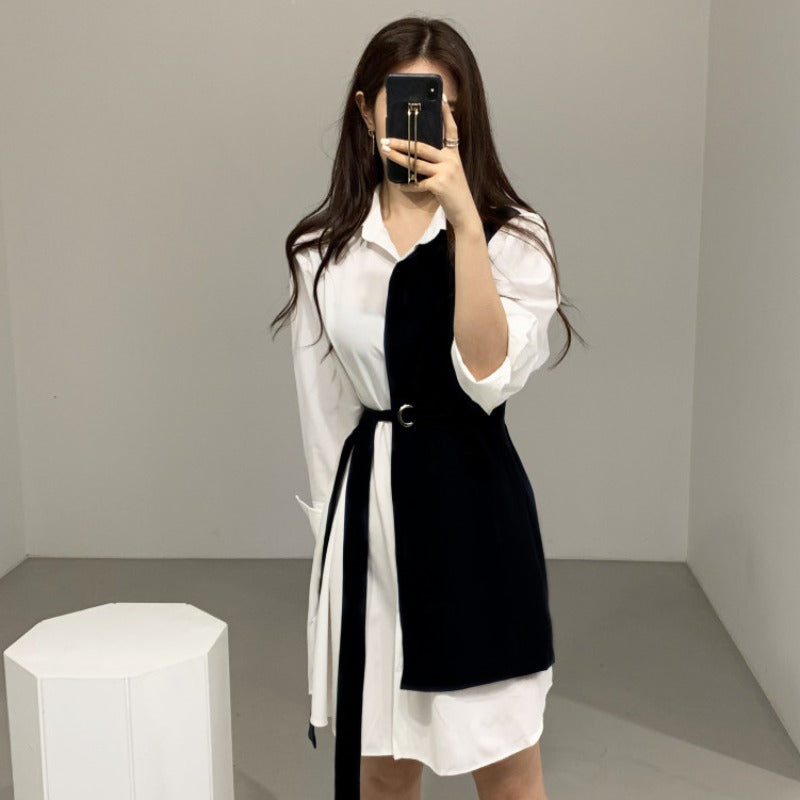 Women's Lapel w/Waist Tie Contrast Shirt Dress (Multiple Colors)