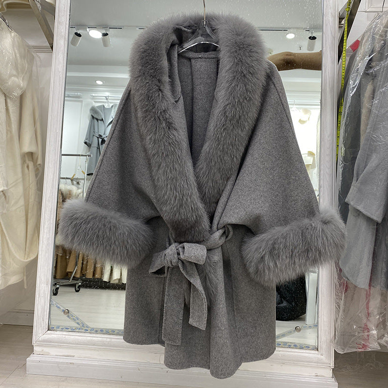 Luxury Women's Double Sided Medium Long Overcoat w/ Fox Fur (Multiple Colors)