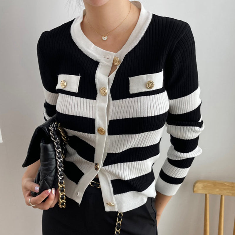 Contrast Stripe Design Long Sleeve Knitted Cardigan Woman (Multiple Colors)