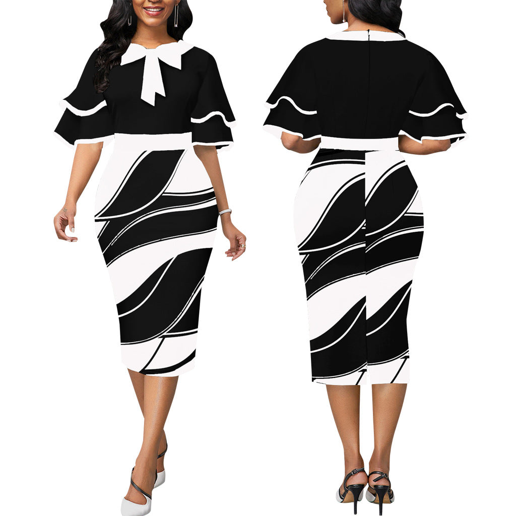 Black & White Graphic Skirt Dress w/Spanish Style Flutter Sleeve and Bow Neck