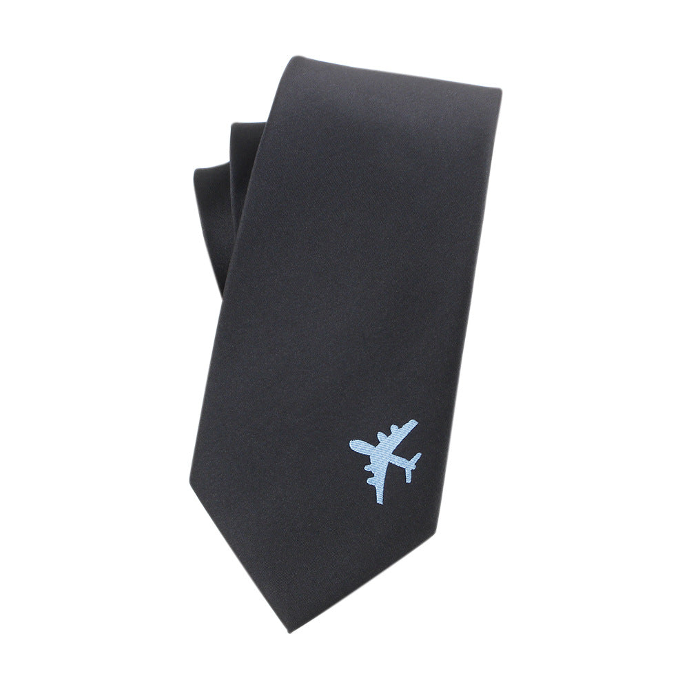 Yarn-dyed Jacquard Men's Tie w/Embroidered "Plane" Detail (Black)