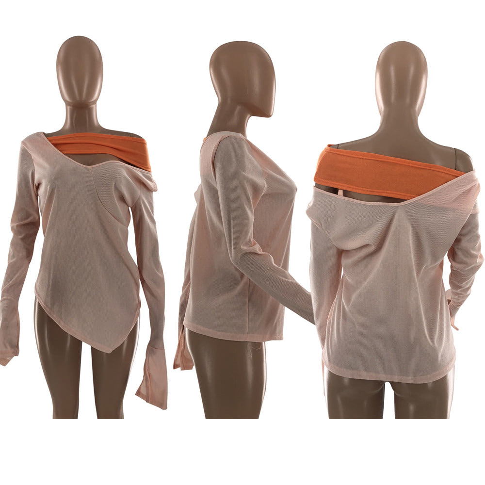 One Shoulder Patchwork Contrast Top w/Elongated Sleeves (Multiple Colors)