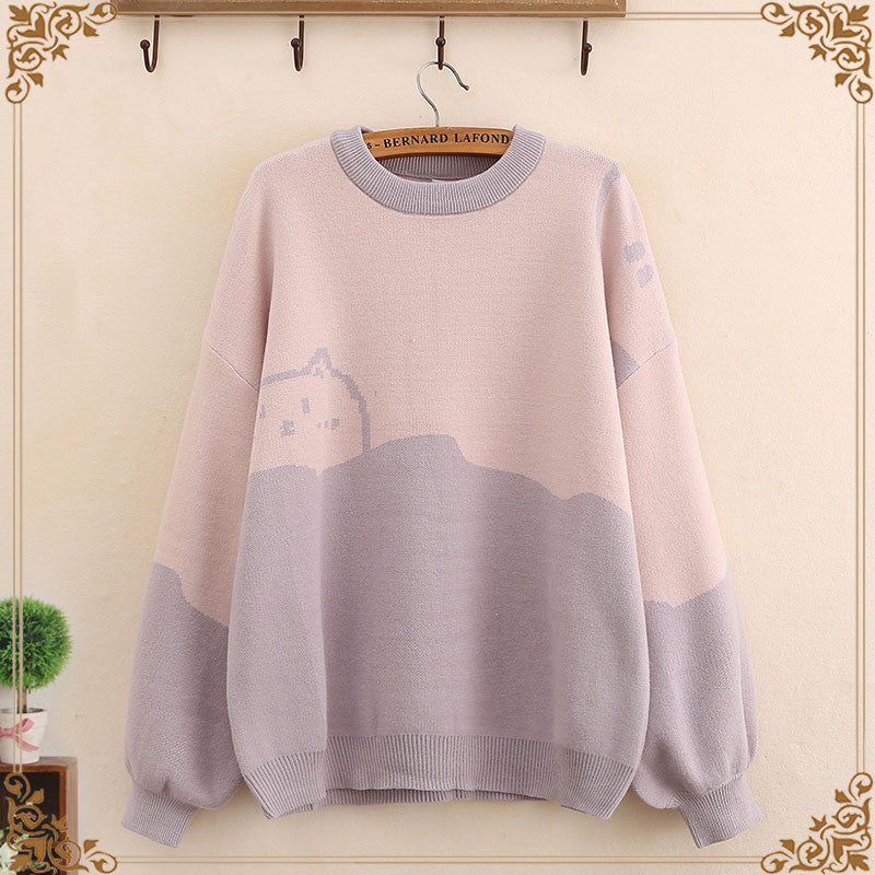 Pastel Graphic Two-Toned Kitty Sweatshirt (Multiple Colors)