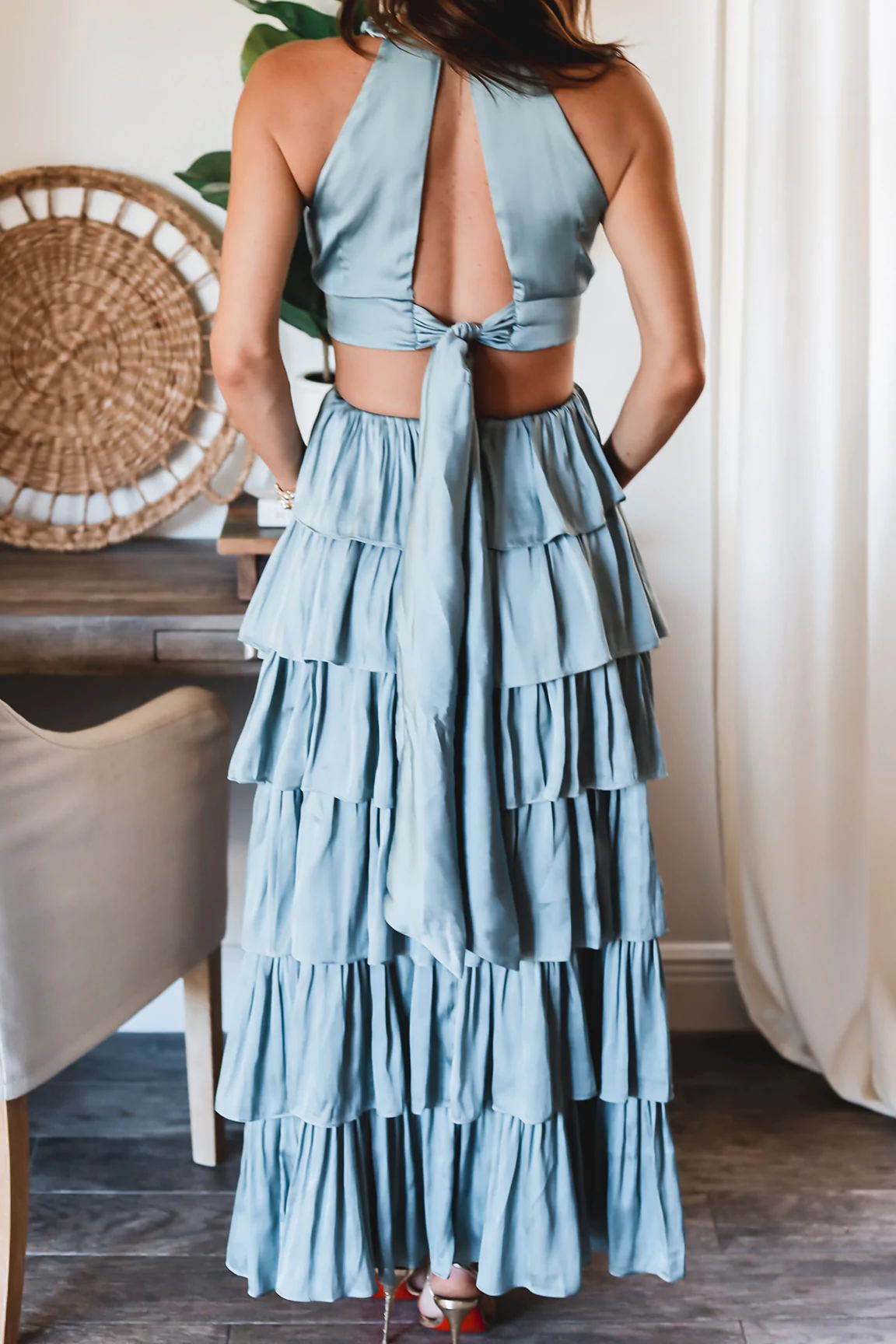 Sleeveless Ruffle Neck Side Cut Out Tiered Long Dress (Blue)