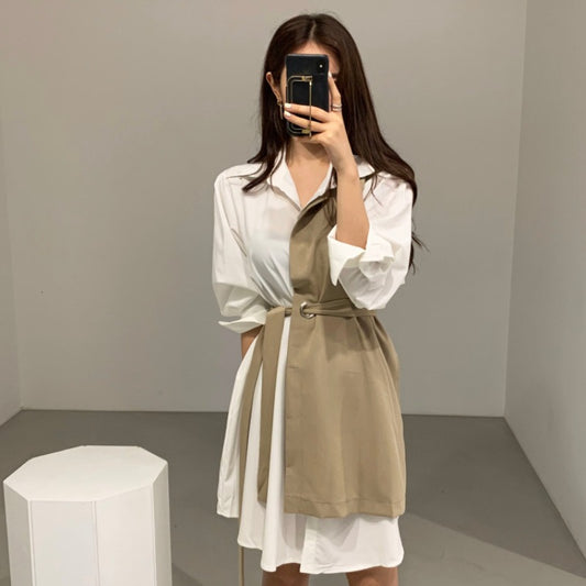 Women's Lapel w/Waist Tie Contrast Shirt Dress (Multiple Colors)