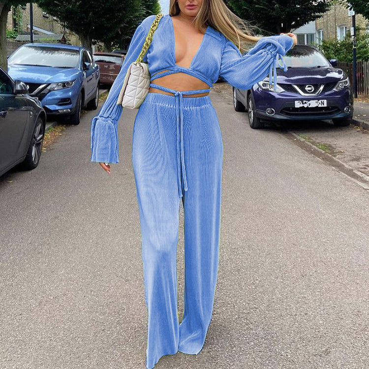 Two Piece Tie Crop Top w/Bell Sleeve and High Waist Loose Pant Set (Multiple Colors)