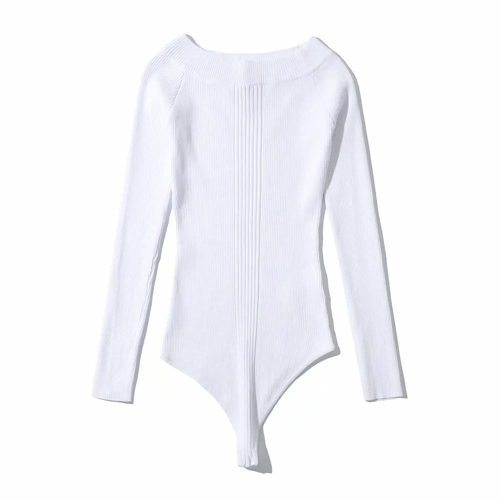 Off-shoulder Knitted Ribbed Body Suit (Multiple Colors)