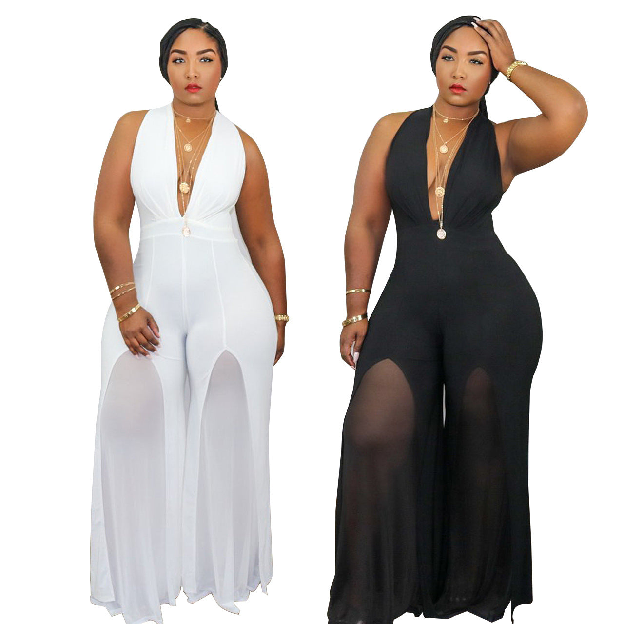 Plus Size Low Cut Sleeveless Sheer Pant Leg Pant Suit (Multiple Colors)