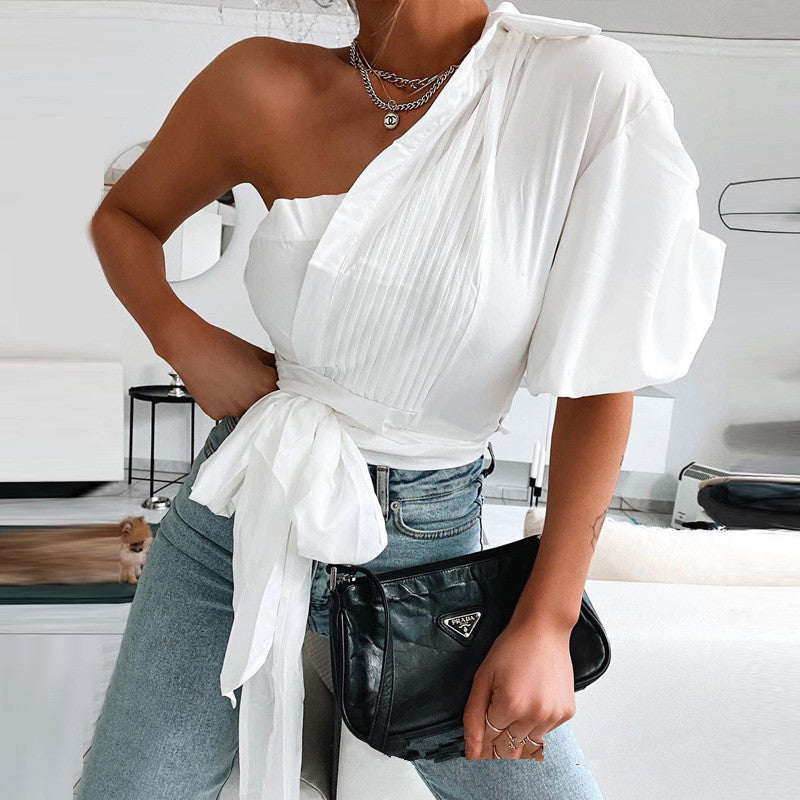 Lantern Sleeve One Shoulder Pleated Tie Shirt (White)