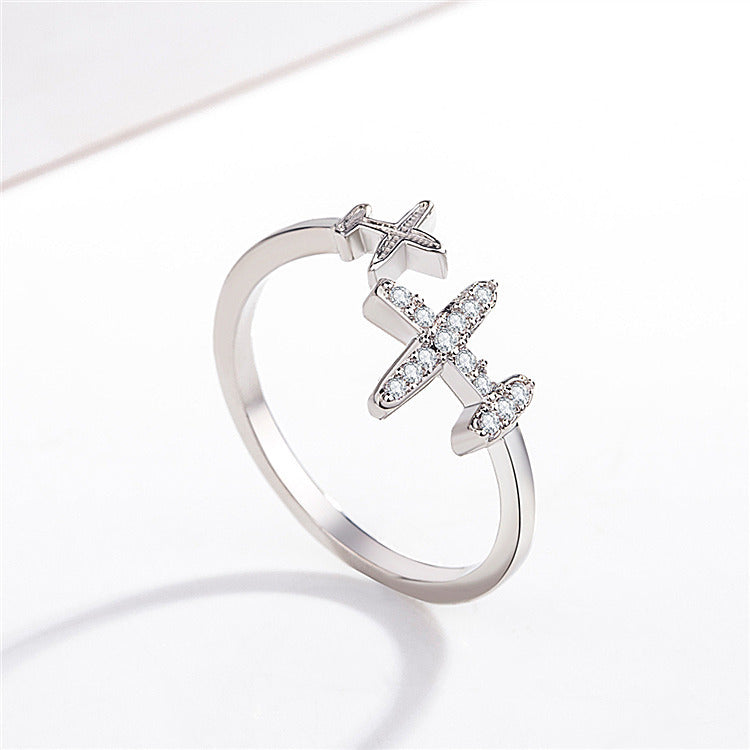 Womens Adjustable Rhinestone Plane Ring (Silver)