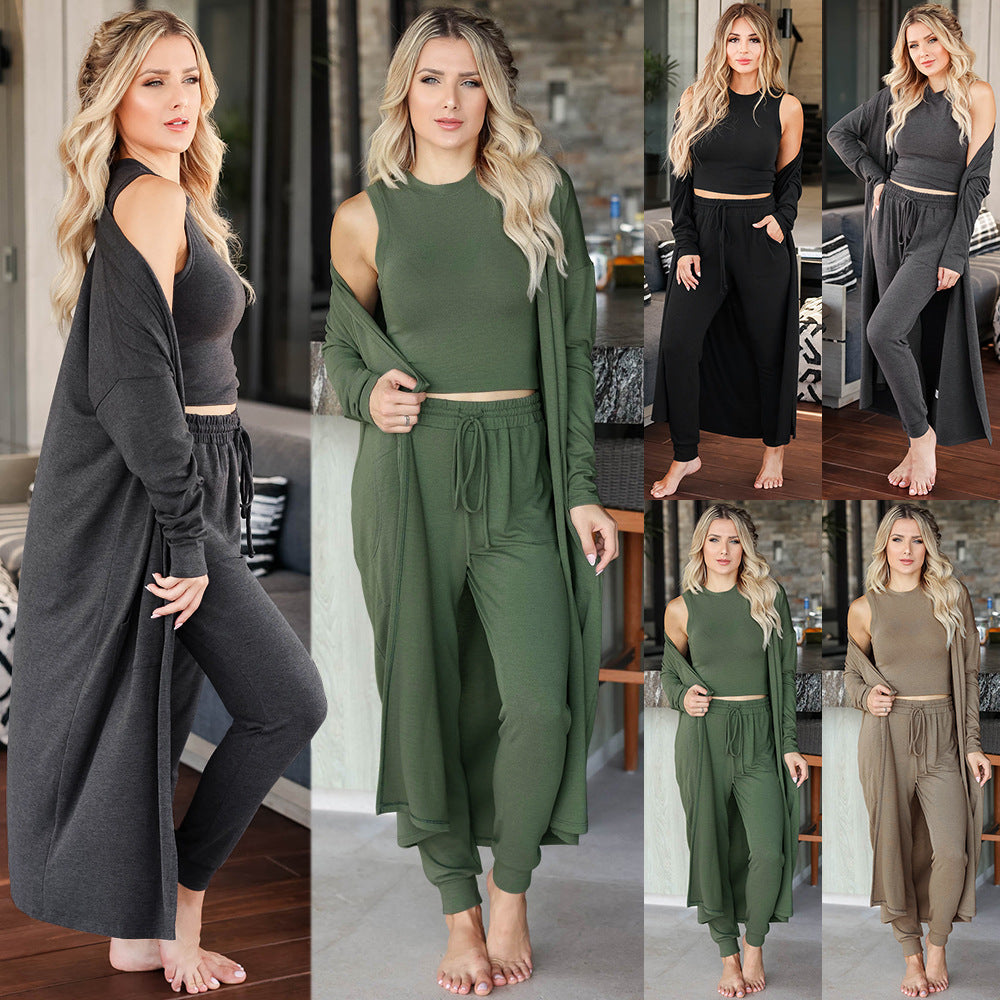 Women's Knitted Slim-fit Long Cardigan, Sleeveless Top & Trousers Lounge Set (Multiple Colors)