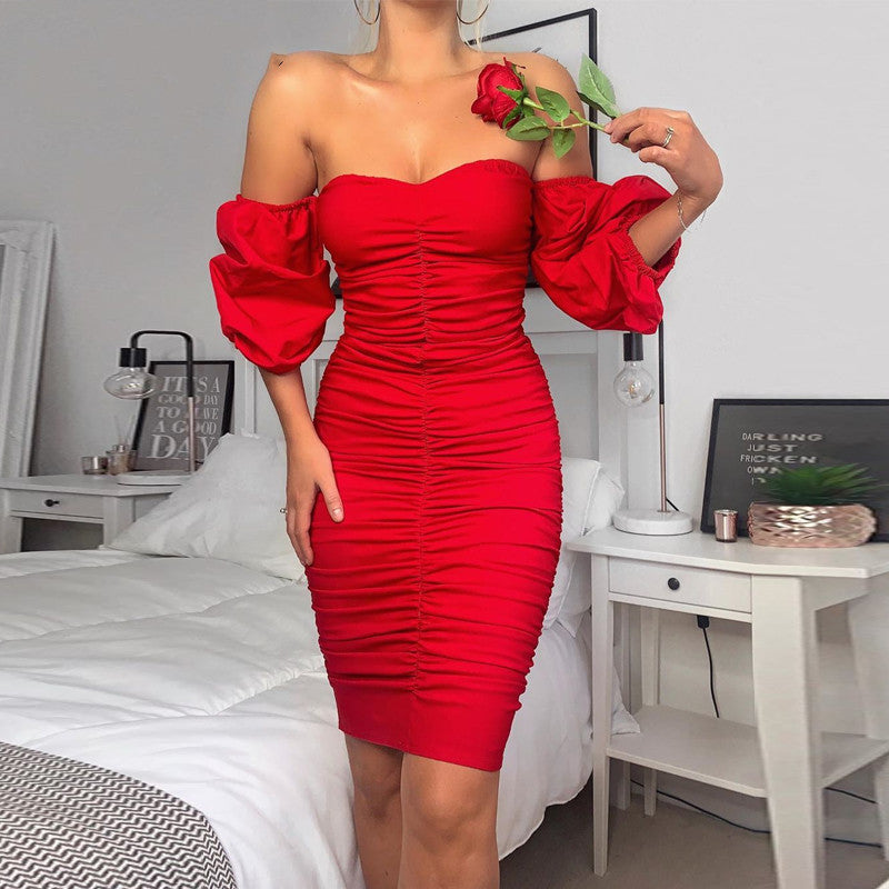 Rouged Off-Shoulder Puff Sleeve Dress (Red)