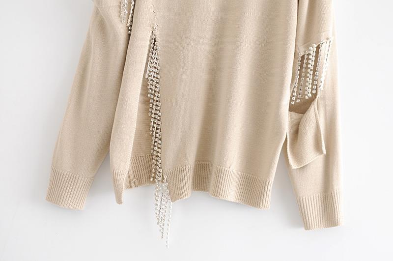 Rhinestone Fringed Openwork Hem Split Loose Long-Sleeved Sweater (Multiple Colors)