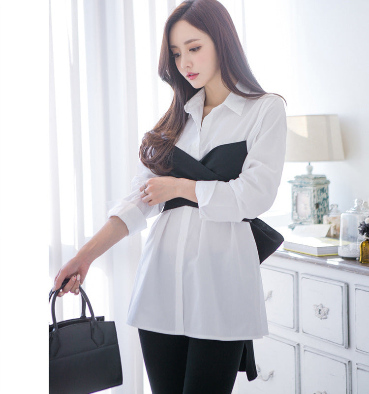 White Dress Shirt with Black Bodice Accent and Bow (Multiple Colors)