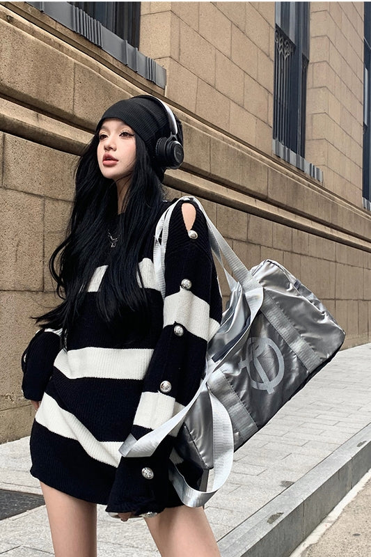 Open Shoulder Button Sleeve Detail Striped Loose Sweater (Black/White)