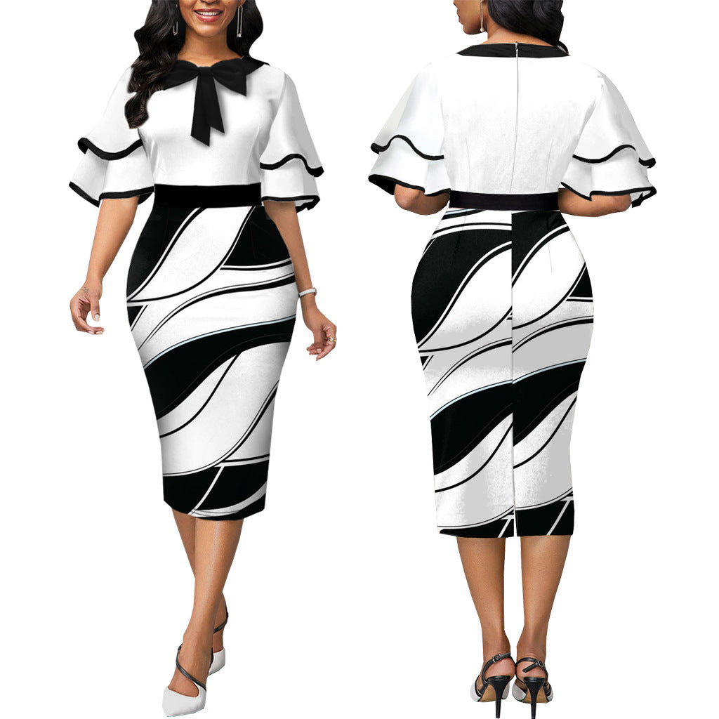 Black & White Graphic Skirt Dress w/Spanish Style Flutter Sleeve and Bow Neck