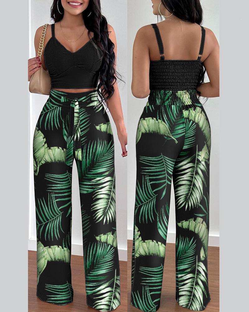 Two-piece Crop Top and High Waisted Wide Leg Pant Set (Multiple Colors/Patterns)