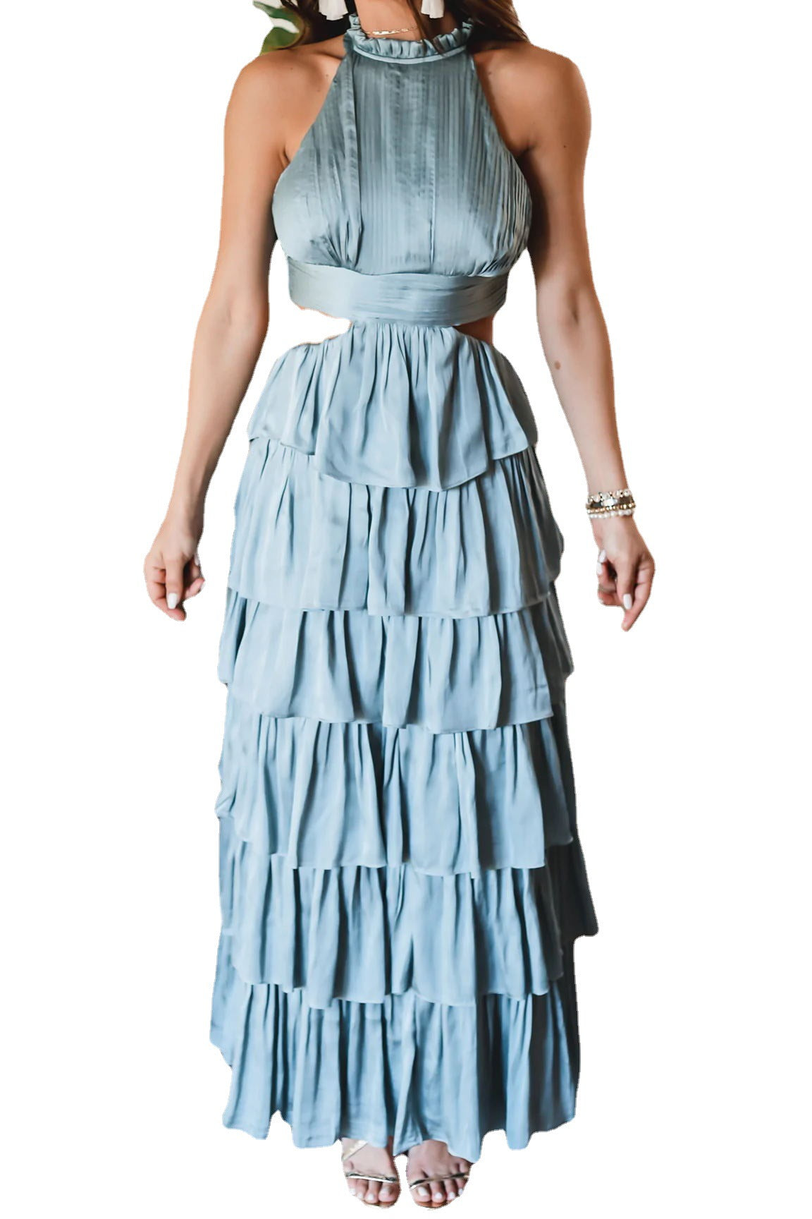 Sleeveless Ruffle Neck Side Cut Out Tiered Long Dress (Blue)