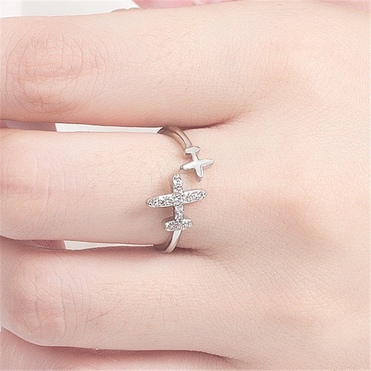 Womens Adjustable Rhinestone Plane Ring (Silver)