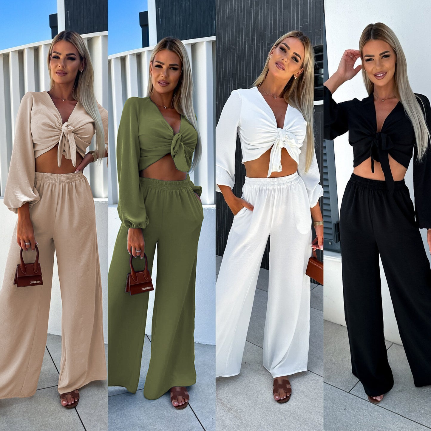 Tie Front Two Piece Crop Top and High Waisted Wide Leg Fashion Set (Multiple Colors)