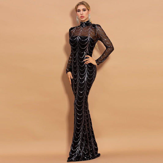 Sequin High Neck Long Sleeve Elegant Maxi Dress (Multiple Colors)