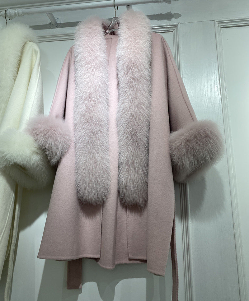 Luxury Women's Double Sided Medium Long Overcoat w/ Fox Fur (Multiple Colors)