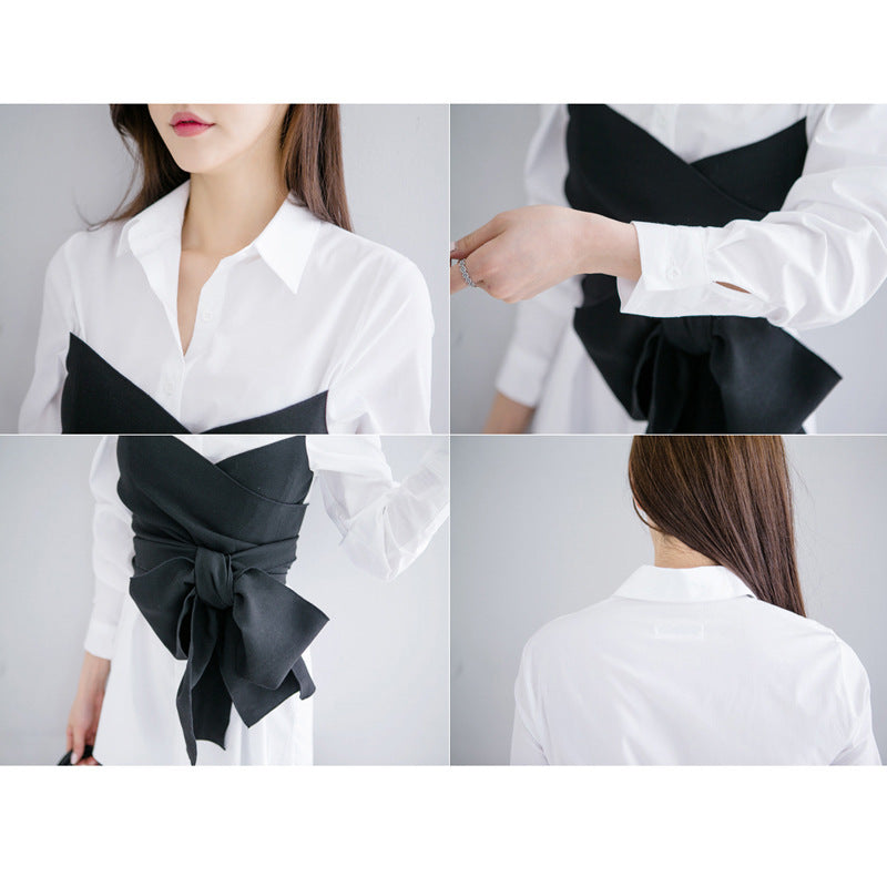 White Dress Shirt with Black Bodice Accent and Bow (Multiple Colors)