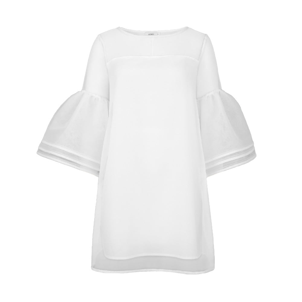 Womens Bell Sleeve Mesh Detail Dress (White)