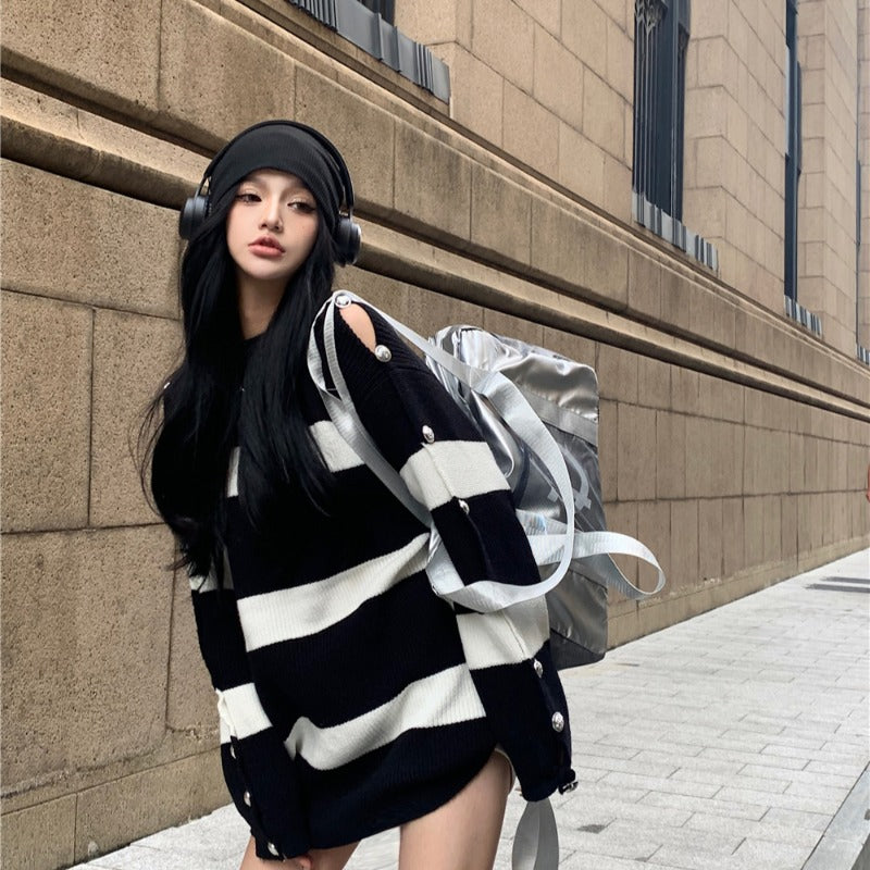 Open Shoulder Button Sleeve Detail Striped Loose Sweater (Black/White)