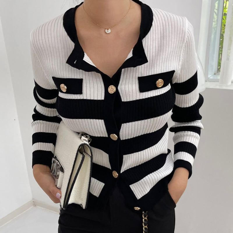 Contrast Stripe Design Long Sleeve Knitted Cardigan Woman (Multiple Colors)