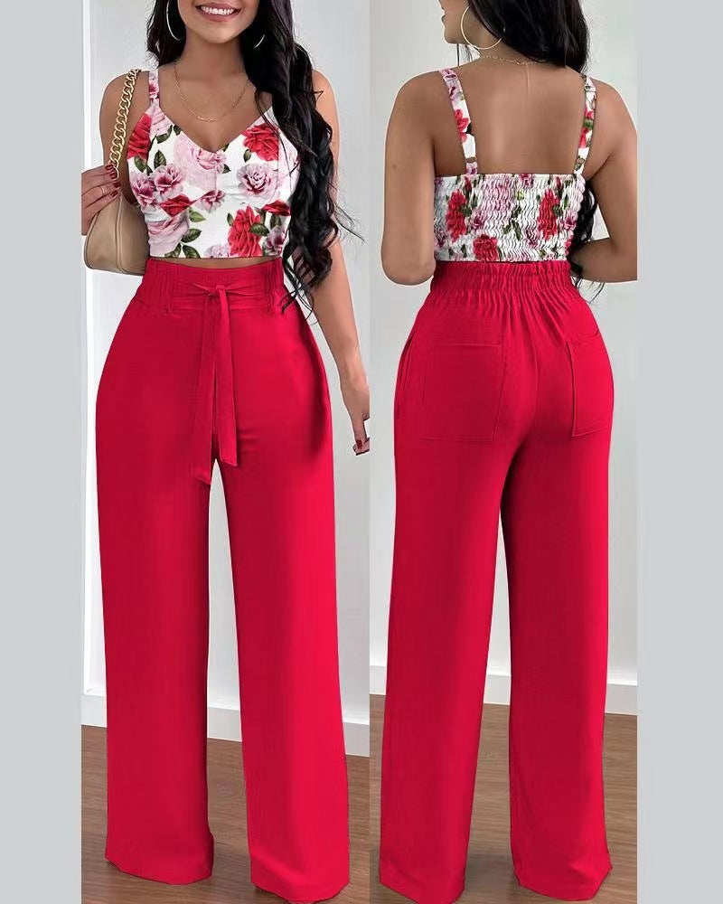 Two-piece Crop Top and High Waisted Wide Leg Pant Set (Multiple Colors/Patterns)