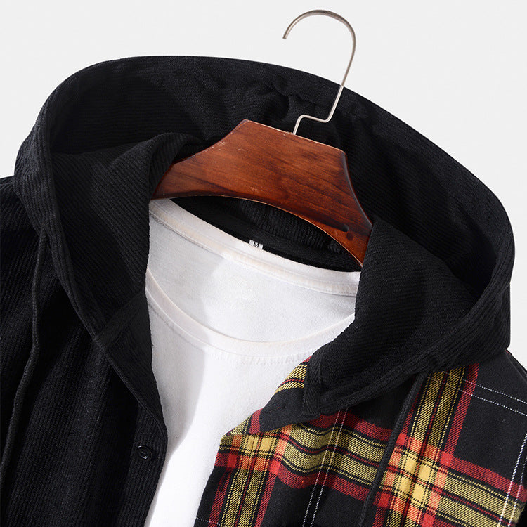 Mens Plaid/Solid Button Up Hoodie (Black)