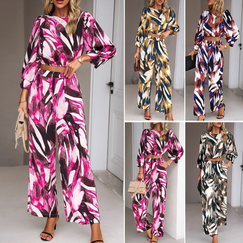 Abstract Print Long Sleeve Crop Top & High Waisted Pant Set (Multiple Colors)