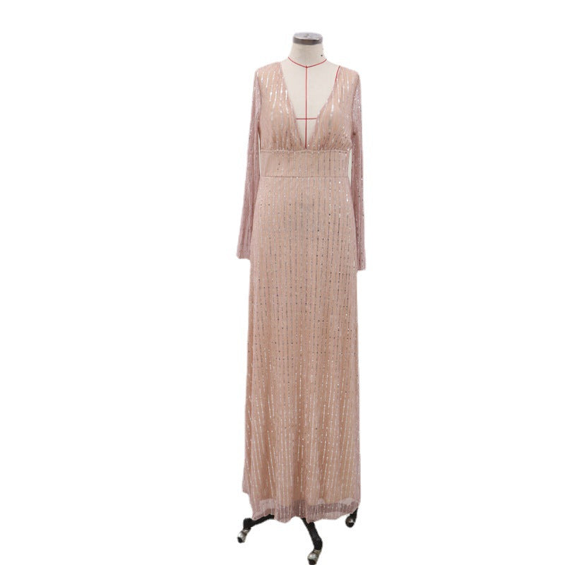 Elegant Deep-V Sequined Long Dress (Tan)