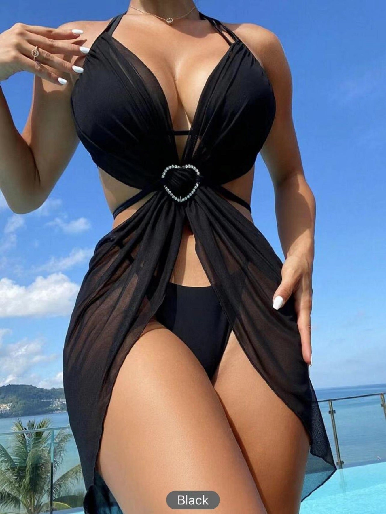 3pcs Halter Neck Bikini Beach Summer Solid Color Split Swimsuit Womens Clothing w/ Rhinestone Heart Clasp (Multiple Colors)