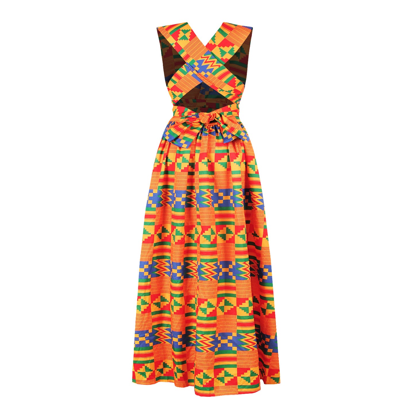 Patchwork Ethnic Print Maxi Dress Sleeveless w/Cross Open Back (Multiple Colors/Patterns)