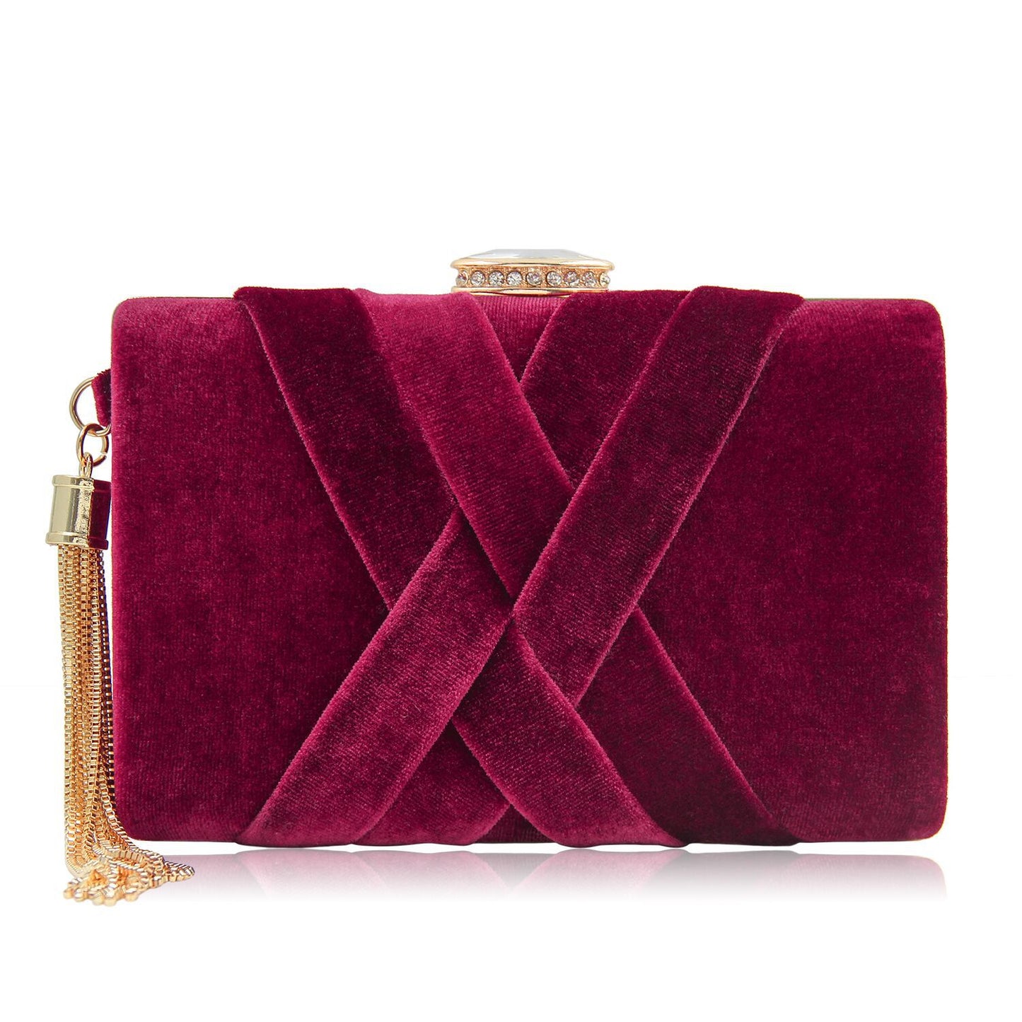 Luxury Milisente Velour Cross Stitch Metal and Rhinstone w/Tassel Clutch Bag (Multiple Colors)