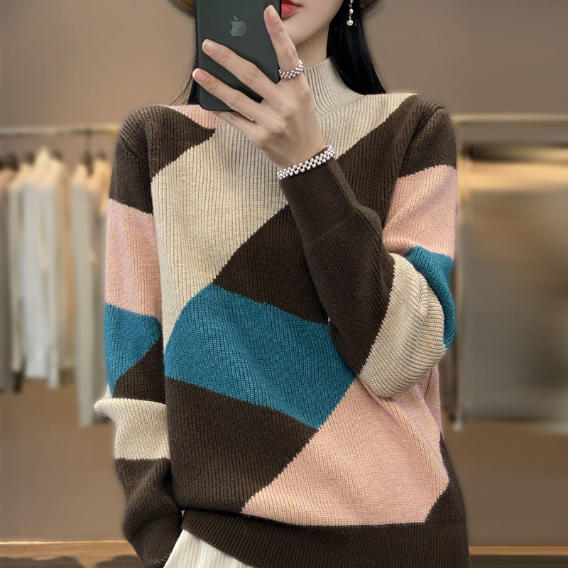 Fall Long Sleeve Half Turtleneck Loose Diamond Color Matching Knitted Sweater (Multiple Colors)