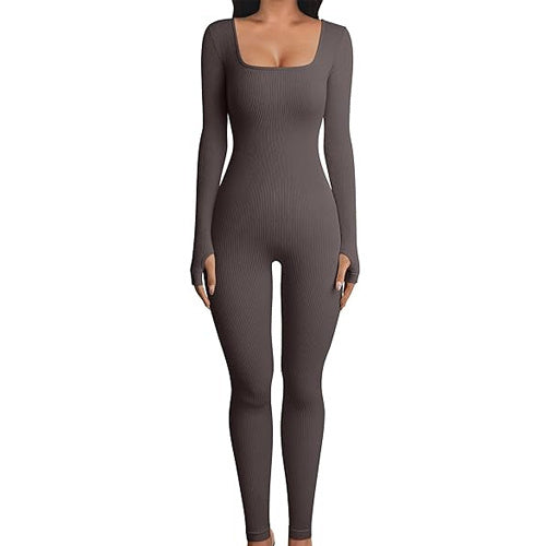 Women's Yoga Sports Fitness Workout Long Sleeve Square Collar Jumpsuit (Multiple Colors)