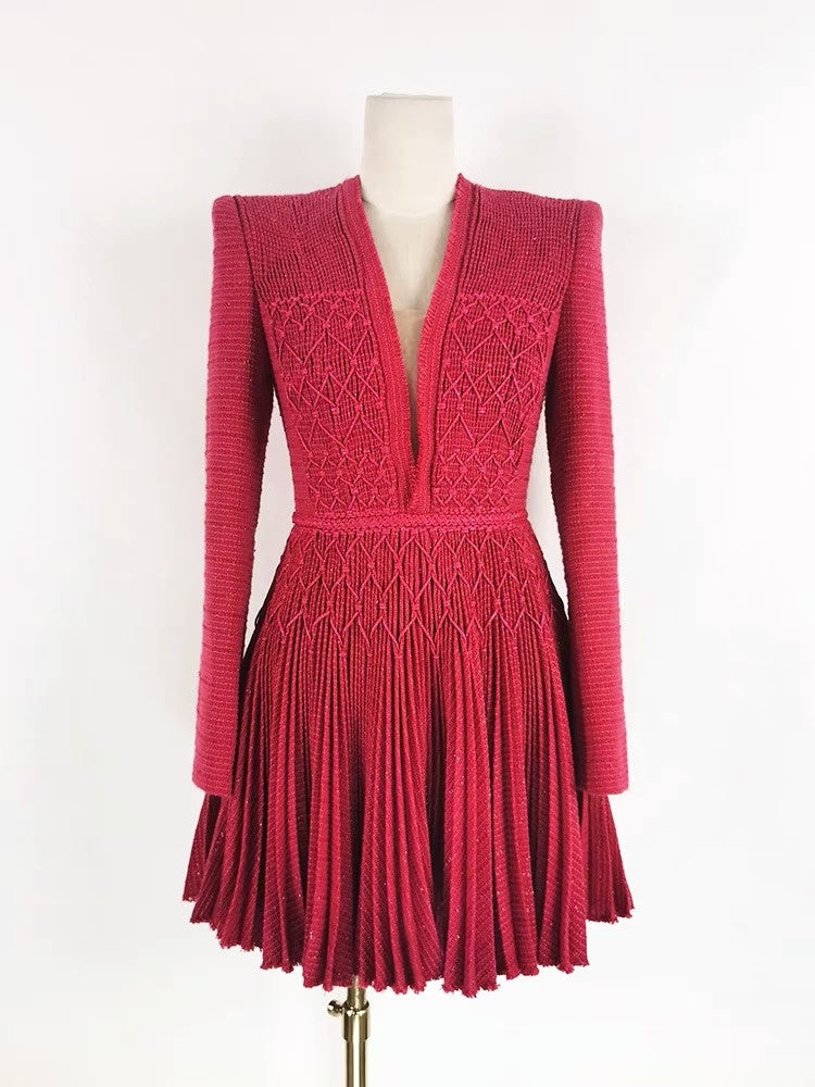 Special Design Long Sleeve Hand-knitted Rope Pleated V-neck Dress (Multiple Colors)