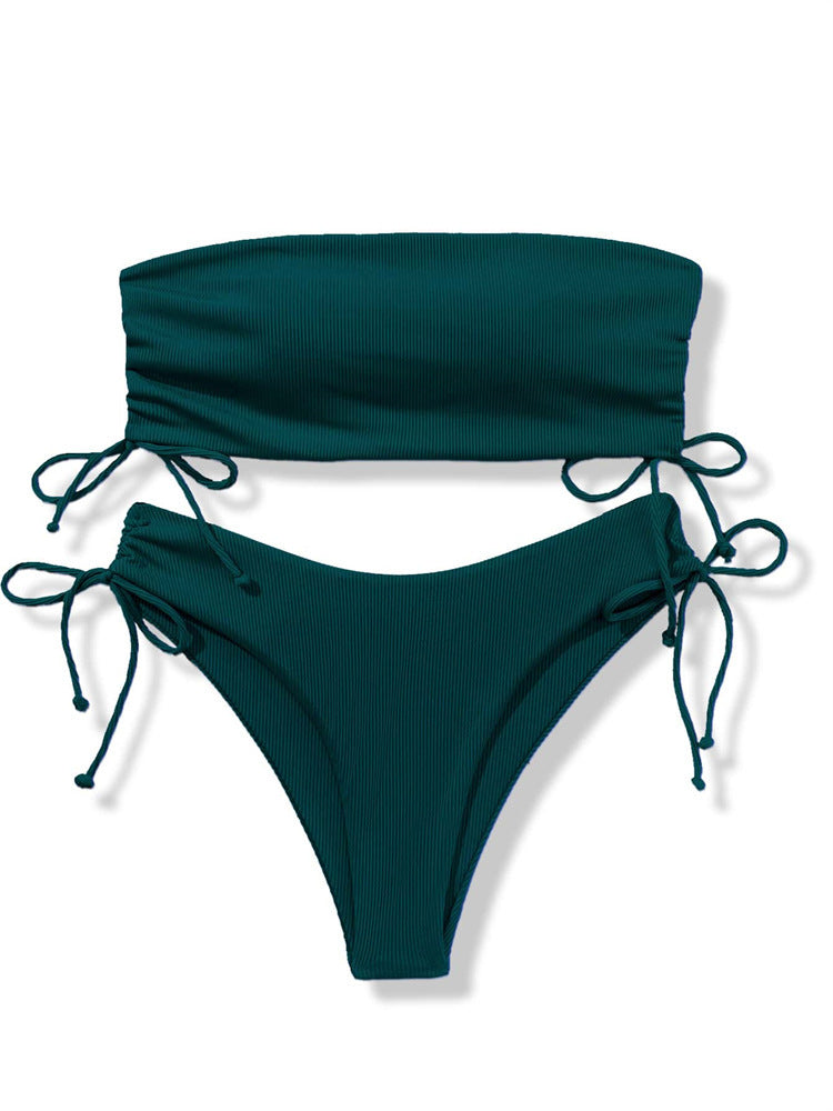 Women's Solid Color Split Tube Top Bikini (Green)