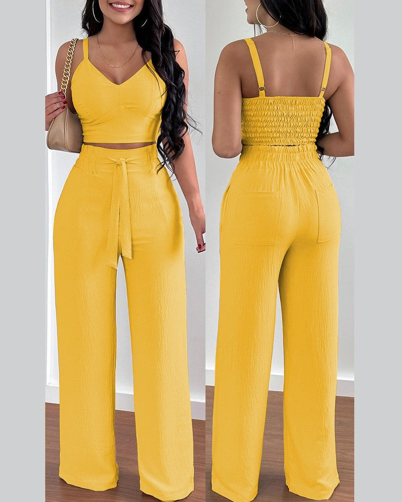 Two-piece Crop Top and High Waisted Wide Leg Pant Set (Multiple Colors/Patterns)