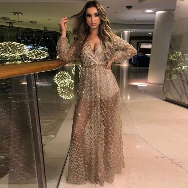 Elegant See-Through Metallic Design Gown (Multiple Colors)